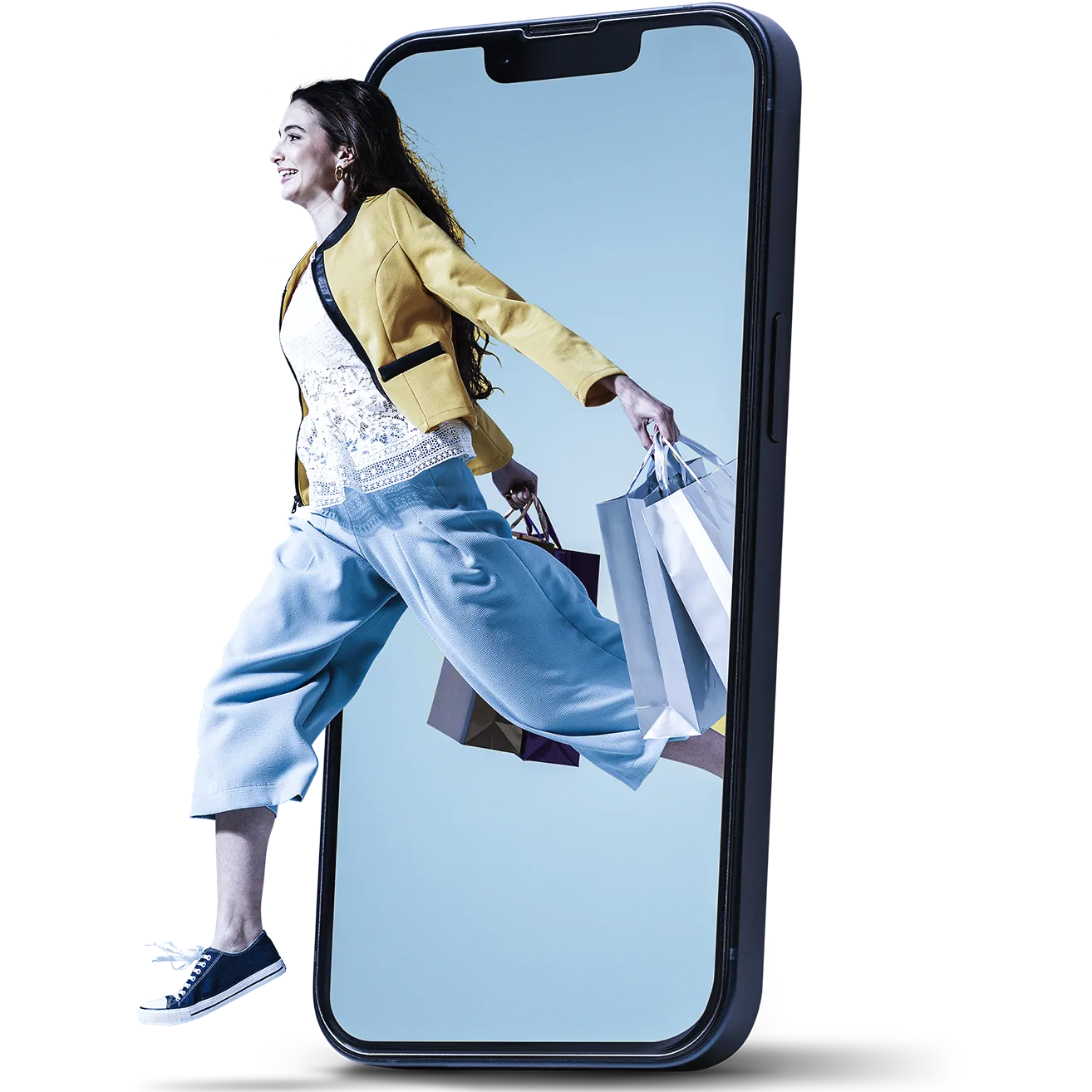 Shopper with bags stepping out of a phone storefront