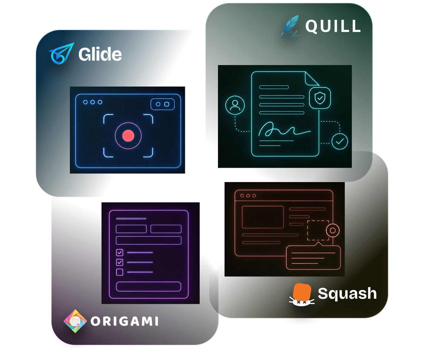 Glide, Quill, Origami, and Squash product interfaces
