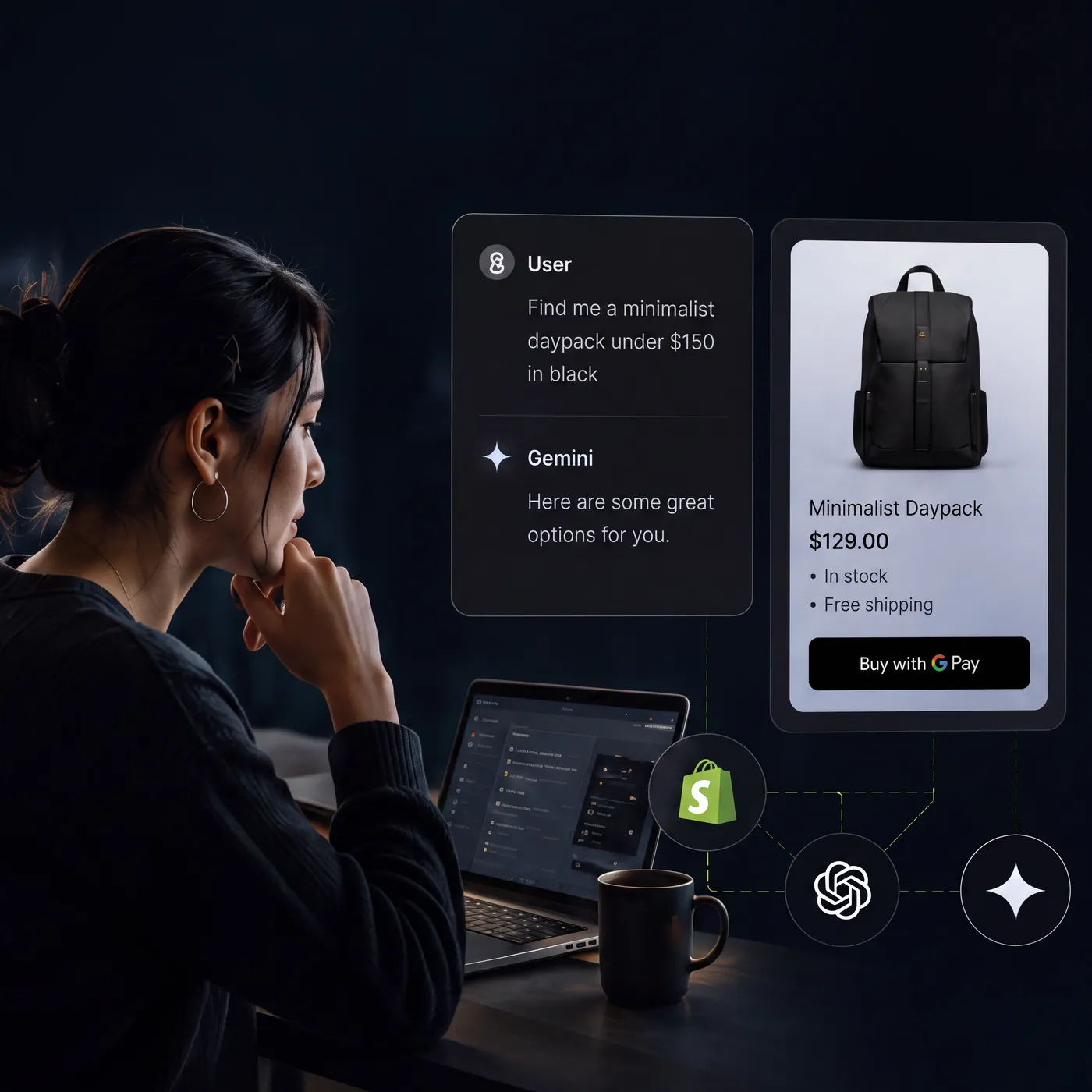 A shopper asking an AI assistant for a product recommendation and checking out with Shop Pay