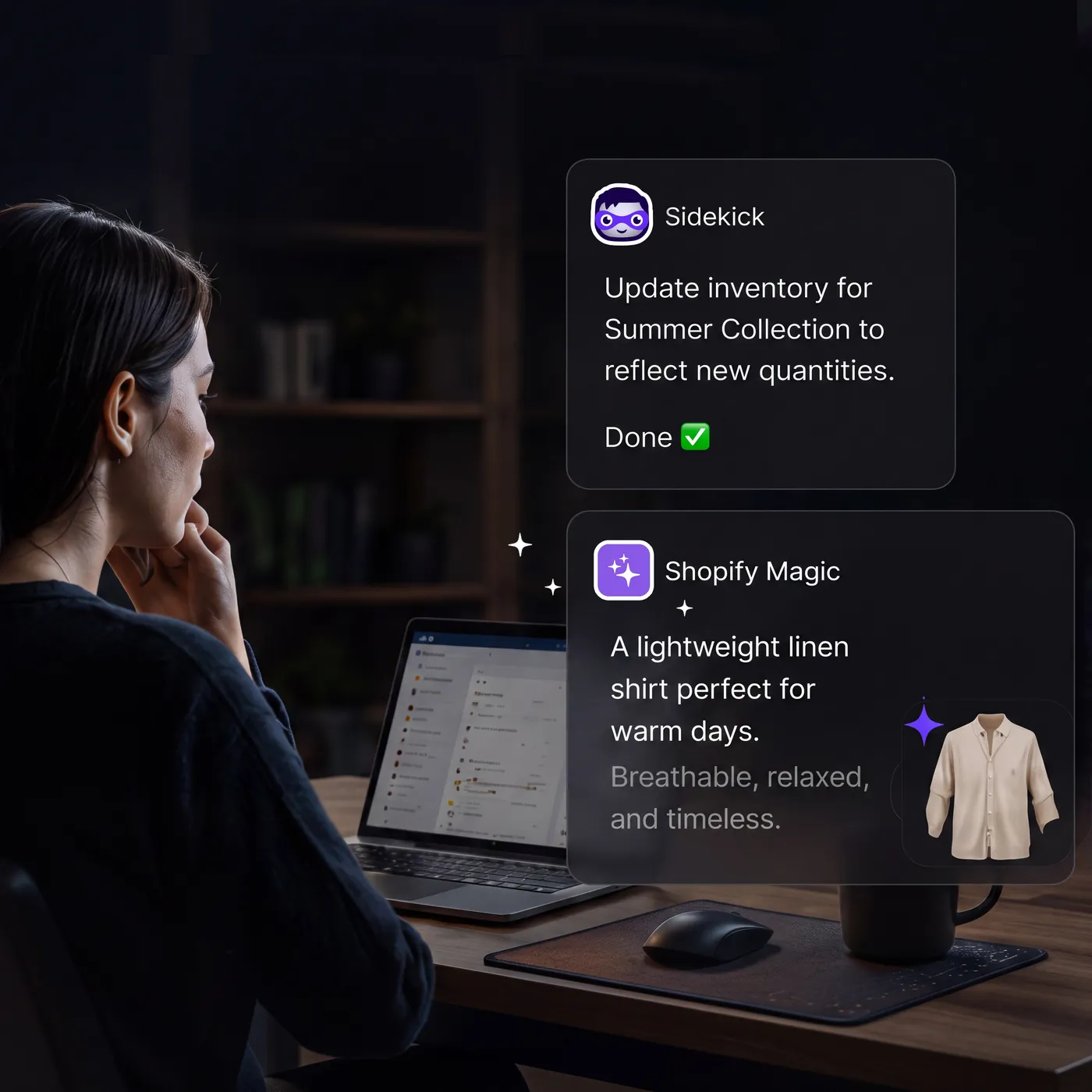 Shopify Sidekick updating inventory and Shopify Magic drafting a product description