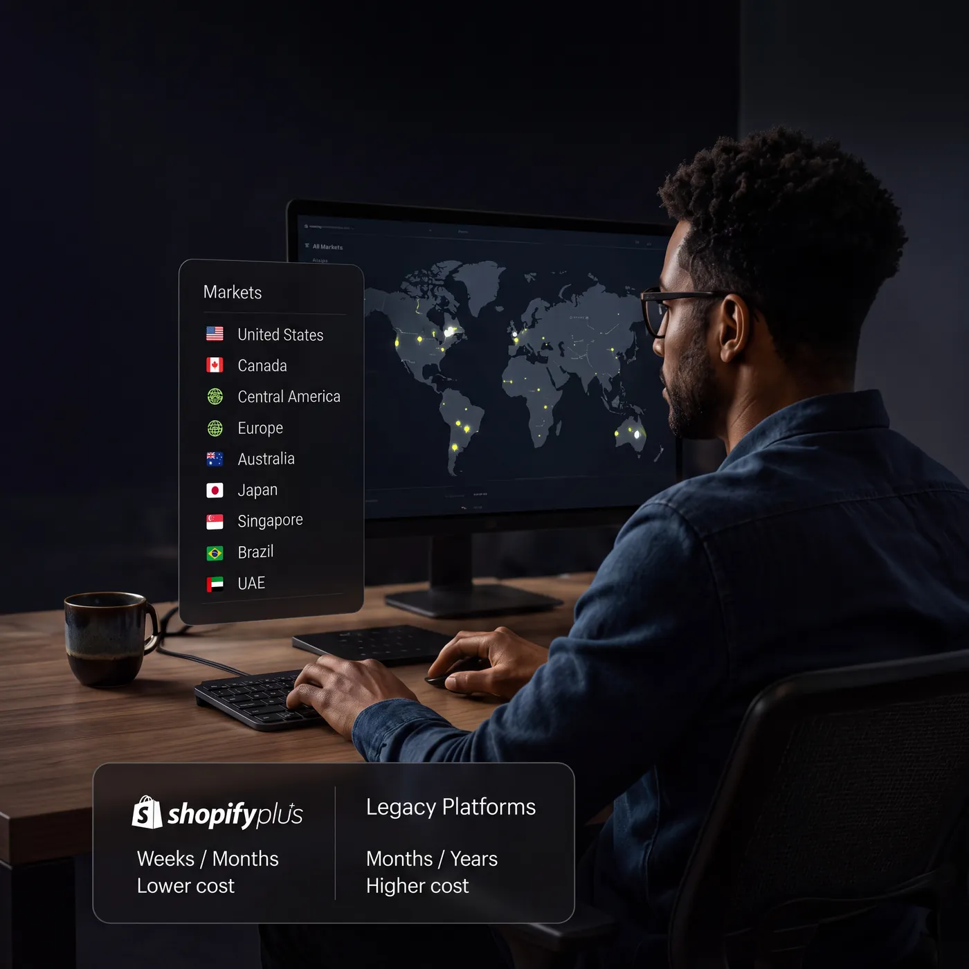 A merchant managing nine international markets, with Shopify Plus timelines compared to legacy platforms