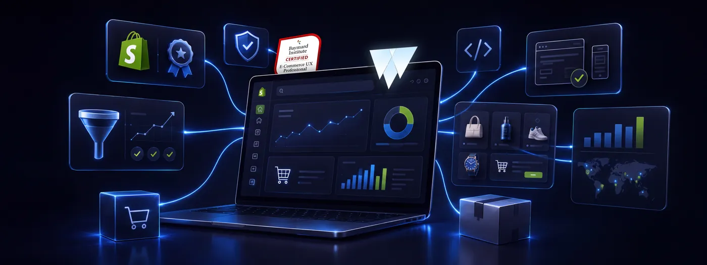 Shopify Premier Partner and Baymard certification badges alongside ecommerce analytics dashboards